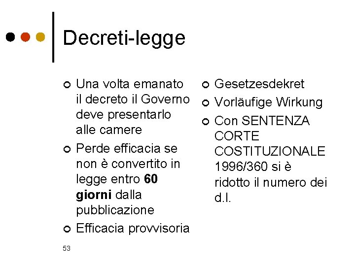Decreti-legge ¢ ¢ ¢ 53 Una volta emanato il decreto il Governo deve presentarlo