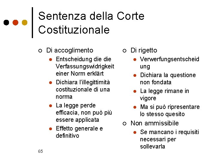 Sentenza della Corte Costituzionale ¢ Di accoglimento l l 65 Entscheidung die Verfassungswidrigkeit einer