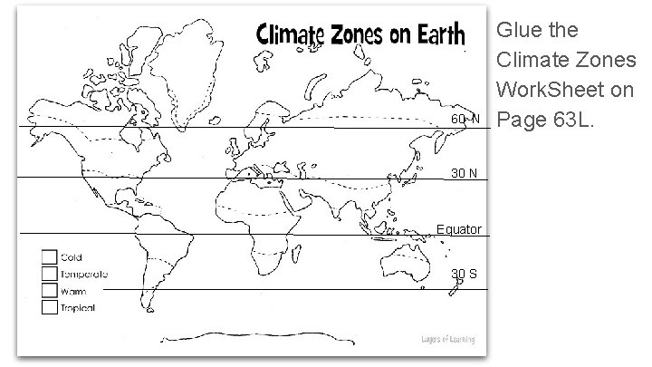 60 N 30 N Equator 30 S Glue the Climate Zones Work. Sheet on