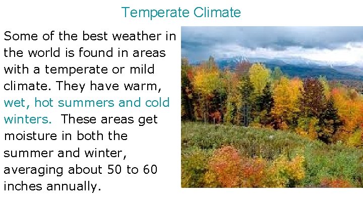 Temperate Climate Some of the best weather in the world is found in areas