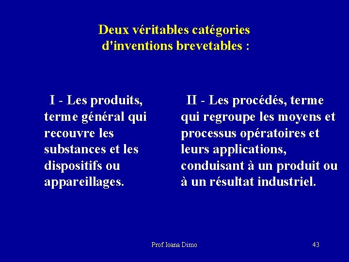 Deux véritables catégories d'inventions brevetables : I - Les produits, II - Les procédés,