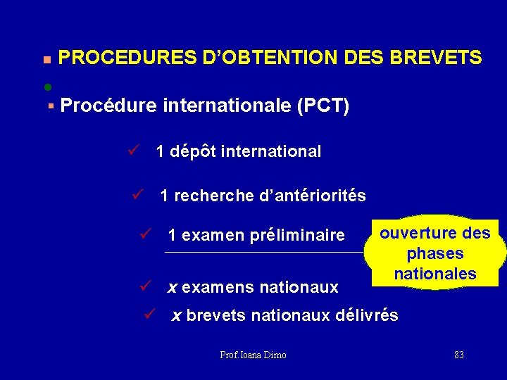 n PROCEDURES D’OBTENTION DES BREVETS • § Procédure internationale (PCT) ü 1 dépôt international