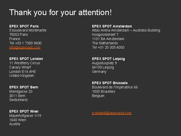 Thank you for your attention! EPEX SPOT Paris 5 boulevard Montmartre 75002 Paris France