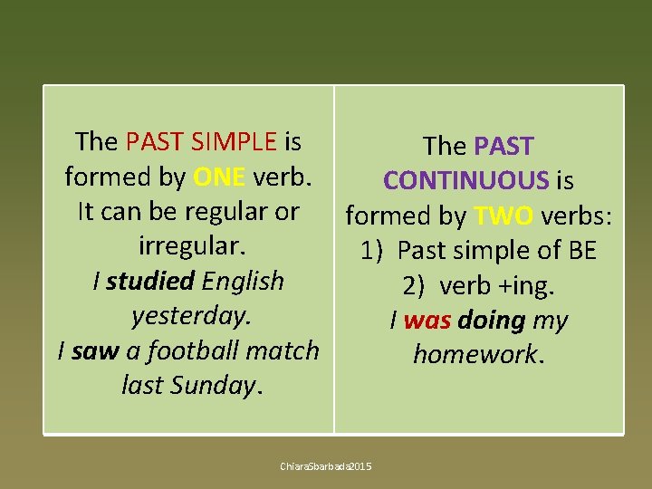 The PAST SIMPLE is The PAST formed by ONE verb. CONTINUOUS is It can