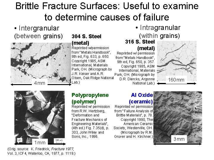 Brittle Fracture Surfaces: Useful to examine to determine causes of failure • Intragranular •