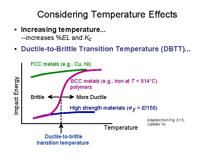 Considering Temperature Effects • Increasing temperature. . . --increases %EL and Kc • Ductile-to-Brittle