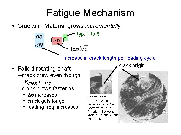 Fatigue Mechanism • Cracks in Material grows incrementally typ. 1 to 6 increase in