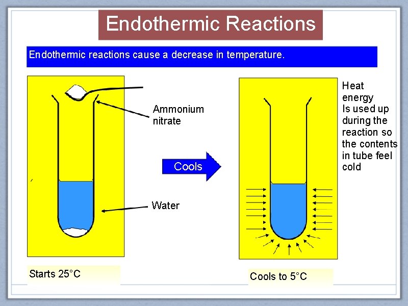 Endothermic Reactions Endothermic reactions cause a decrease in temperature. Heat energy Is used up