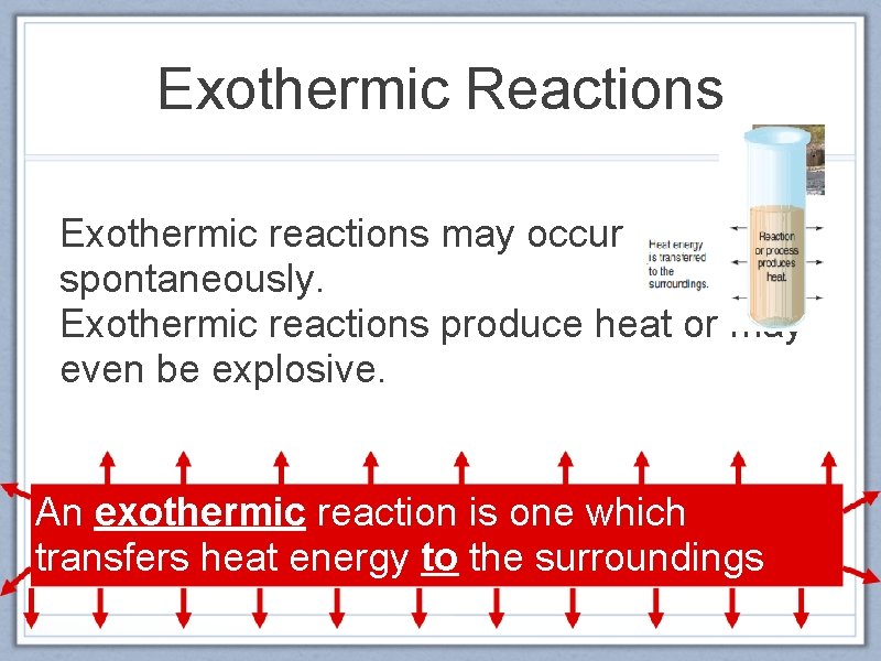 Exothermic Reactions Exothermic reactions may occur spontaneously. Exothermic reactions produce heat or may even