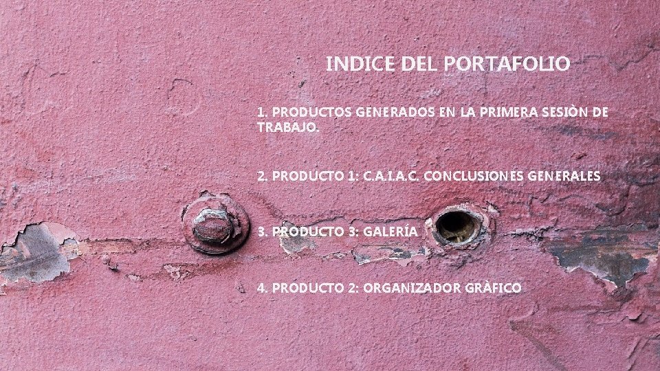 INDICE DEL PORTAFOLIO 1. PRODUCTOS GENERADOS EN LA PRIMERA SESIÒN DE TRABAJO. 2. PRODUCTO