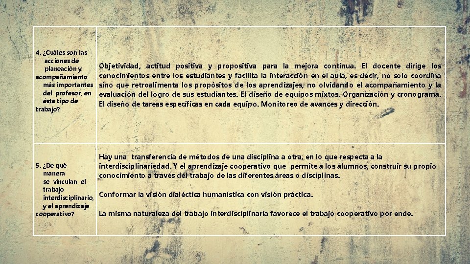 4. ¿Cuáles son las acciones de planeación y acompañamiento más importantes del profesor, en