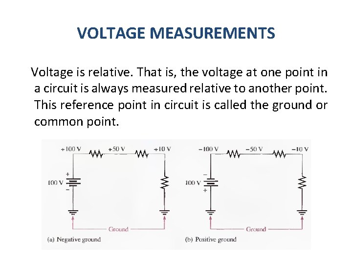 VOLTAGE MEASUREMENTS Voltage is relative. That is, the voltage at one point in a