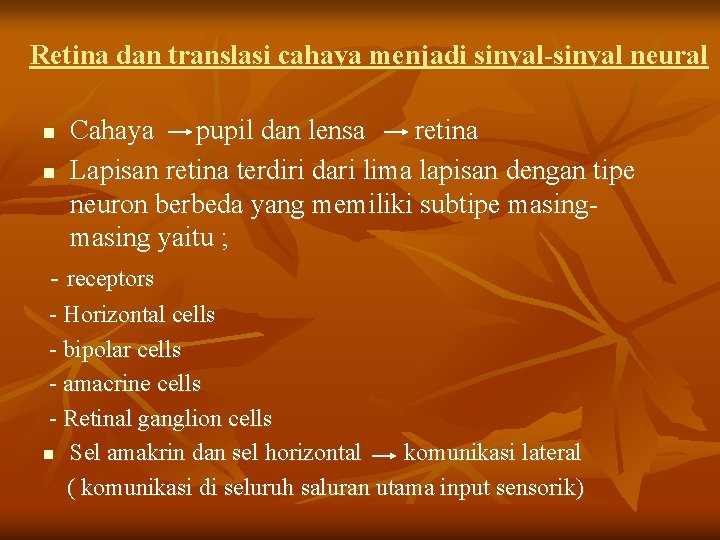 Retina dan translasi cahaya menjadi sinyal-sinyal neural n n Cahaya pupil dan lensa retina