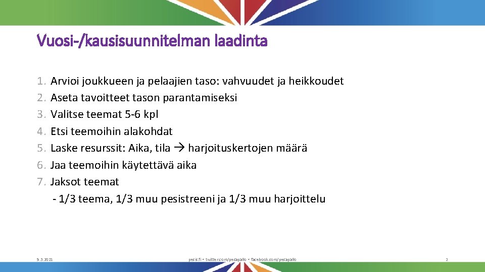 Vuosi-/kausisuunnitelman laadinta 1. 2. 3. 4. 5. 6. 7. Arvioi joukkueen ja pelaajien taso: