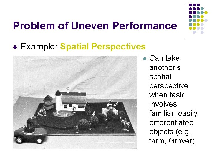 Problem of Uneven Performance l Example: Spatial Perspectives l Can take another’s spatial perspective Problem of Uneven Performance l Example: Spatial Perspectives l Can take another’s spatial perspective
