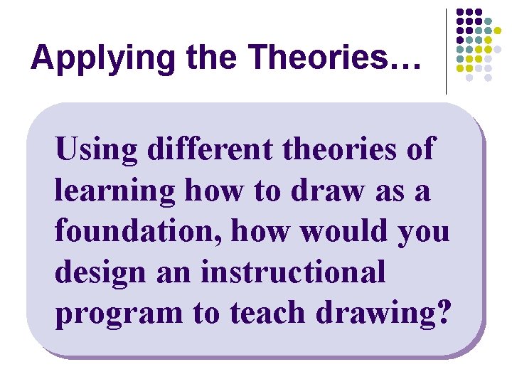 Applying the Theories… Using different theories of learning how to draw as a foundation, Applying the Theories… Using different theories of learning how to draw as a foundation,