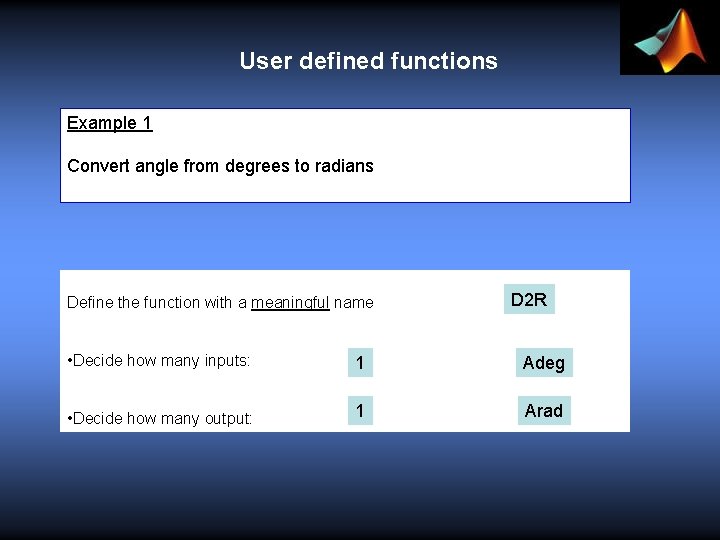 User defined functions Example 1 Convert angle from degrees to radians Define the function