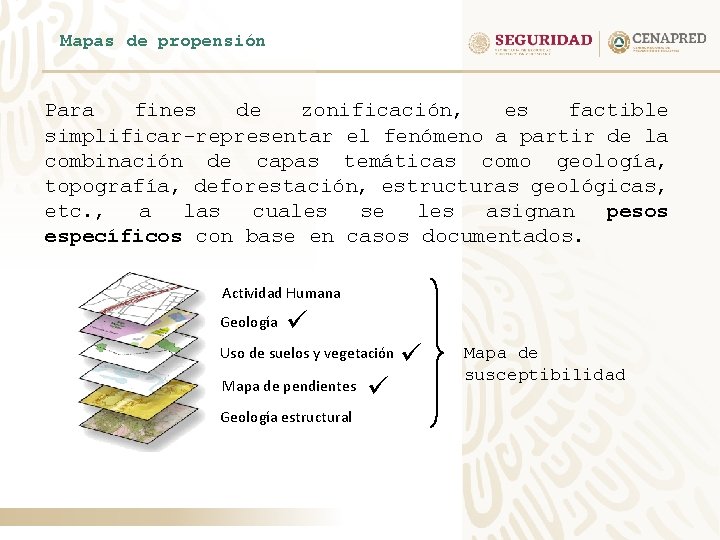 Mapas de propensión Para fines de zonificación, es factible simplificar-representar el fenómeno a partir