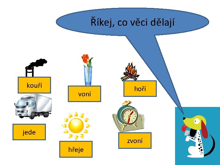 Říkej, co věci dělají kouří voní jede hřeje hoří zvoní 