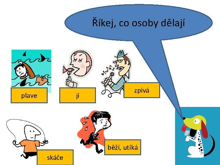Říkej, co osoby dělají plave jí zpívá běží, utíká skáče 