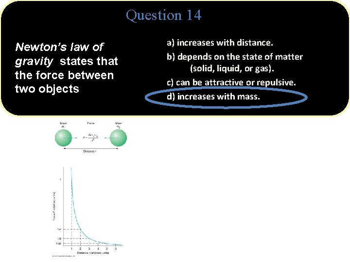 Question 14 Newton’s law of gravity states that the force between two objects a)