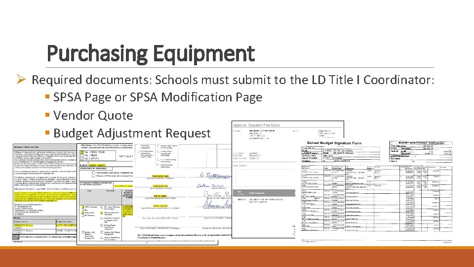Purchasing Equipment Ø Required documents: Schools must submit to the LD Title I Coordinator: