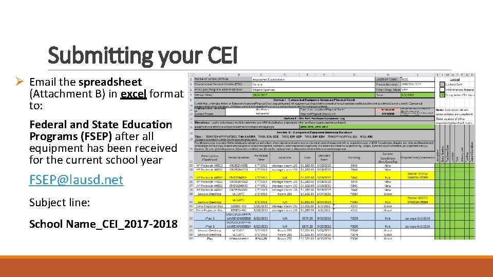 Submitting your CEI Ø Email the spreadsheet (Attachment B) in excel format to: Federal