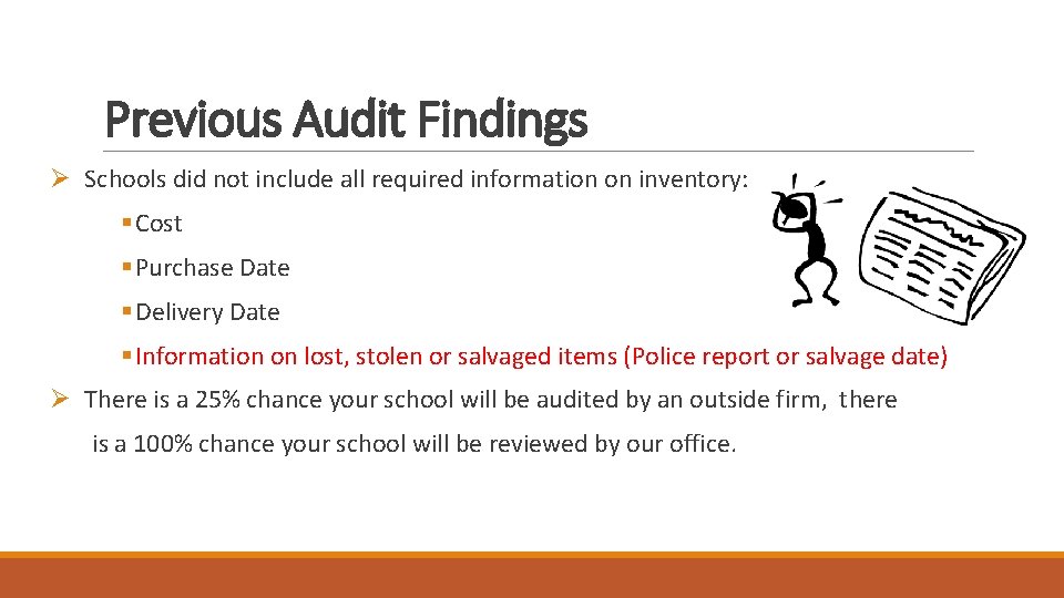 Previous Audit Findings Ø Schools did not include all required information on inventory: §