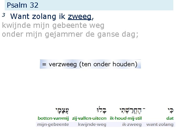 Psalm 32 Want zolang ik zweeg, kwijnde mijn gebeente weg onder mijn gejammer de