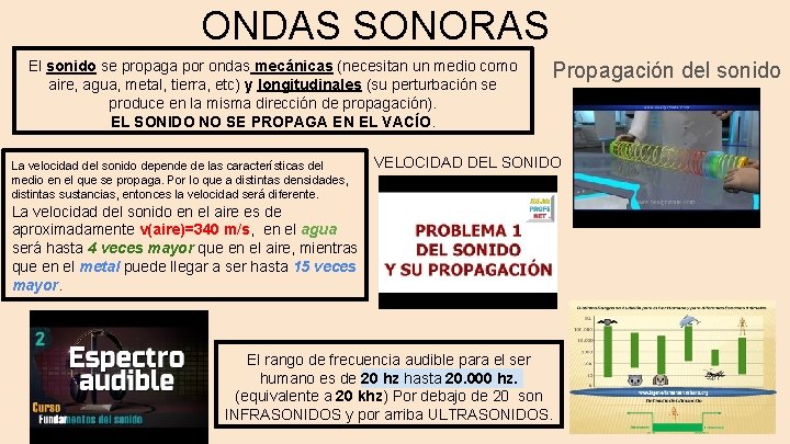 ONDAS SONORAS El sonido se propaga por ondas mecánicas (necesitan un medio como aire,