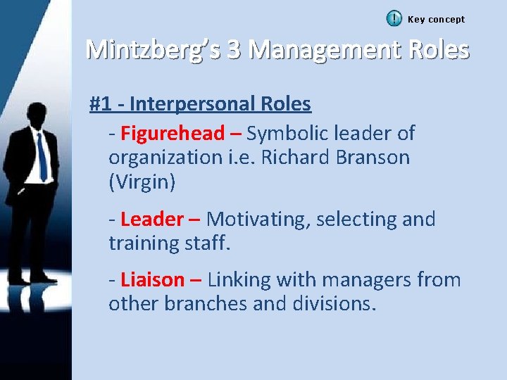 Key concept Mintzberg’s 3 Management Roles #1 - Interpersonal Roles - Figurehead – Symbolic