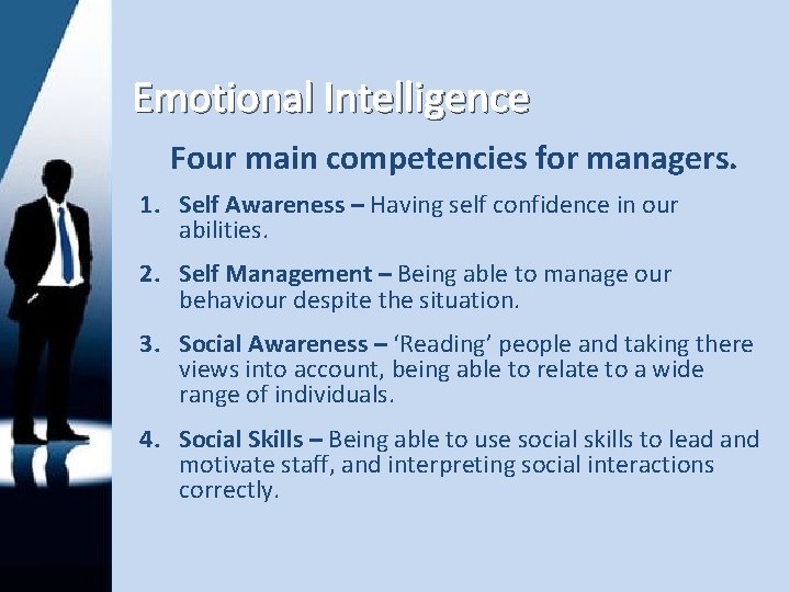 Emotional Intelligence Four main competencies for managers. 1. Self Awareness – Having self confidence