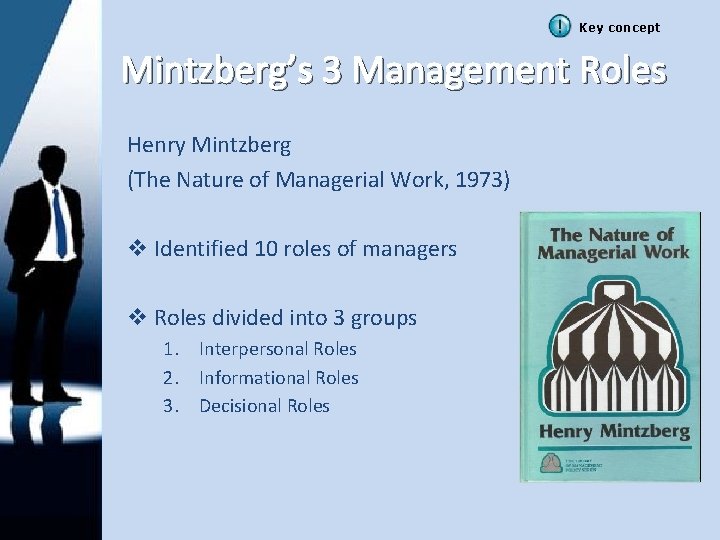 Key concept Mintzberg’s 3 Management Roles Henry Mintzberg (The Nature of Managerial Work, 1973)