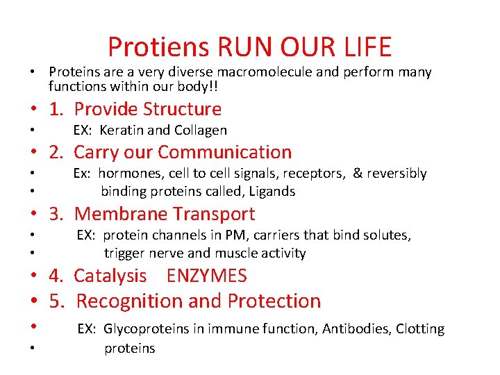 Protiens RUN OUR LIFE • Proteins are a very diverse macromolecule and perform many