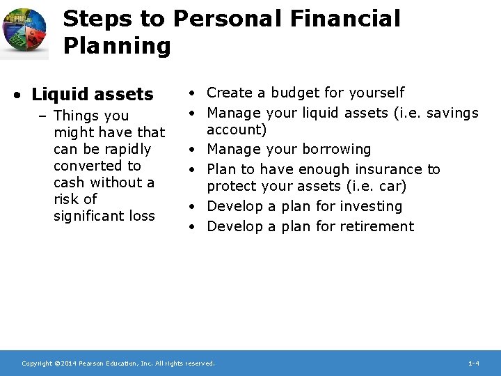 Steps to Personal Financial Planning • Liquid assets – Things you might have that