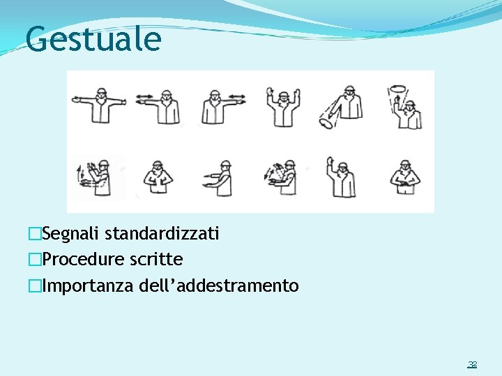 Gestuale �Segnali standardizzati �Procedure scritte �Importanza dell’addestramento 32 