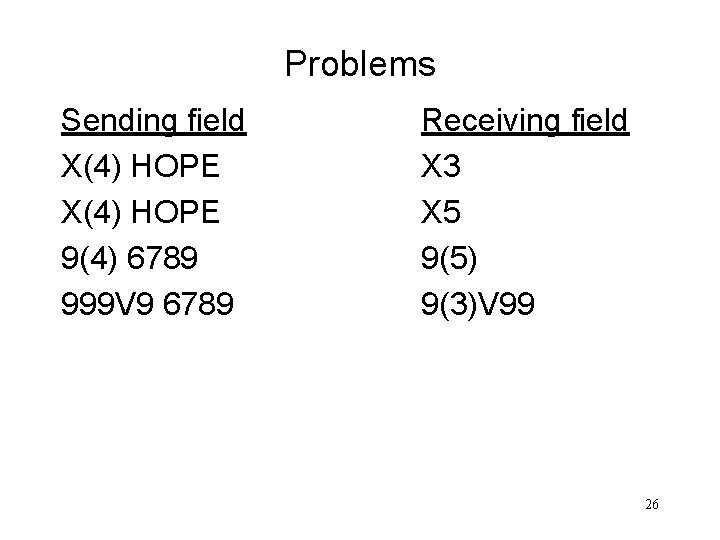 Problems Sending field X(4) HOPE 9(4) 6789 999 V 9 6789 Receiving field X