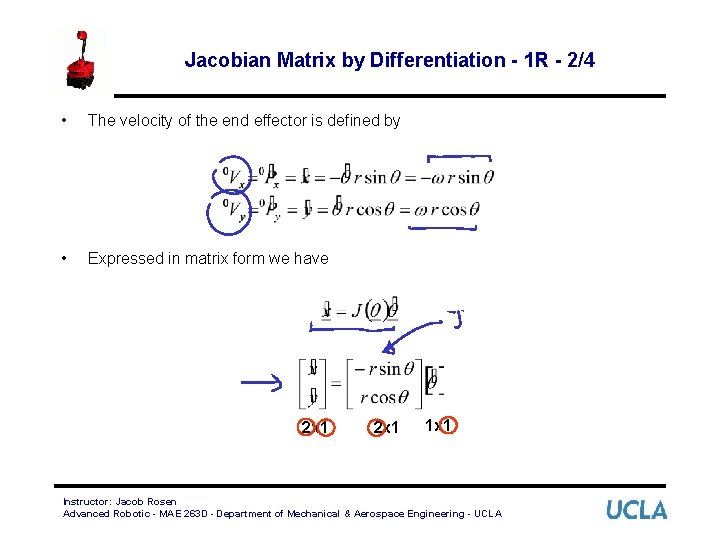 Jacobian Matrix by Differentiation - 1 R - 2/4 • The velocity of the