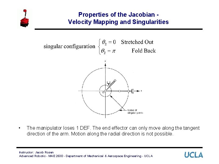 Properties of the Jacobian Velocity Mapping and Singularities • The manipulator loses 1 DEF.