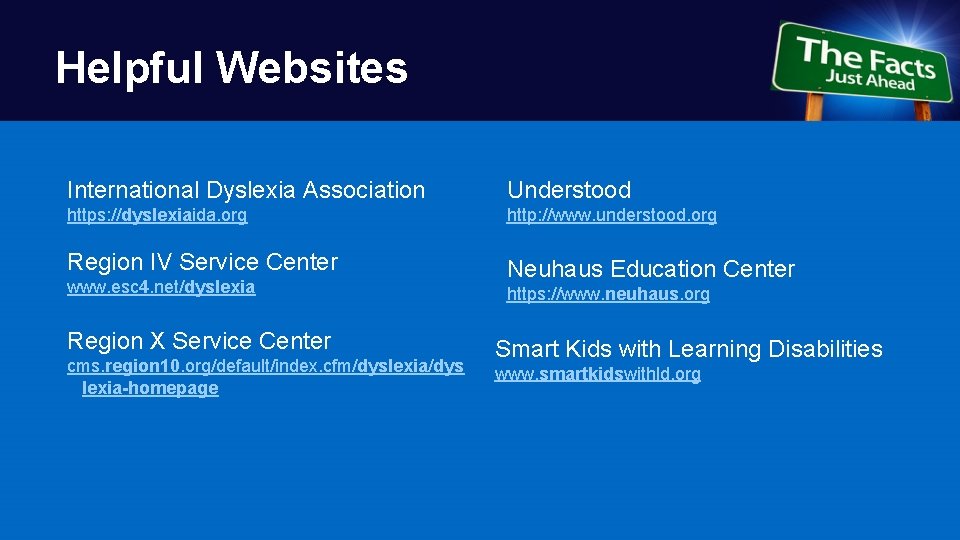 Helpful Websites International Dyslexia Association Understood https: //dyslexiaida. org http: //www. understood. org Region