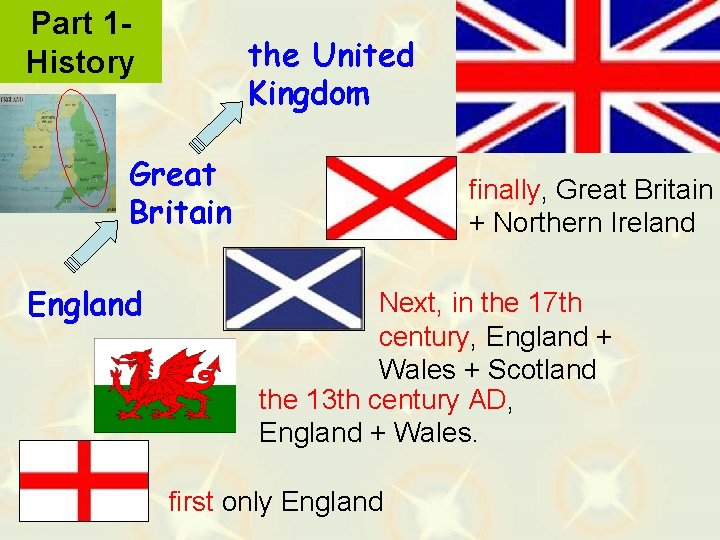 Part 1 History the United Kingdom Great Britain England finally, Great Britain + Northern