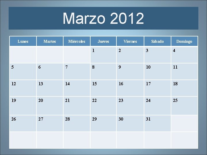 Marzo 2012 Lunes Martes Miércoles Jueves Viernes Sábado Domingo 1 2 3 4 5