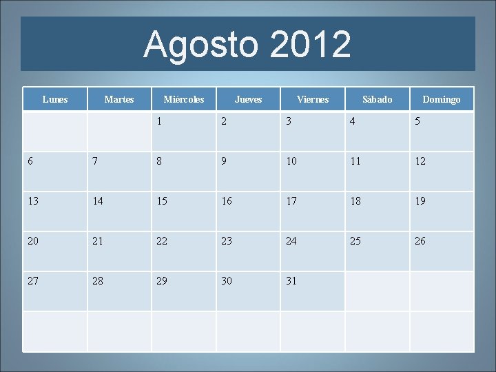 Agosto 2012 Lunes Martes Miércoles Jueves Viernes Sábado Domingo 1 2 3 4 5