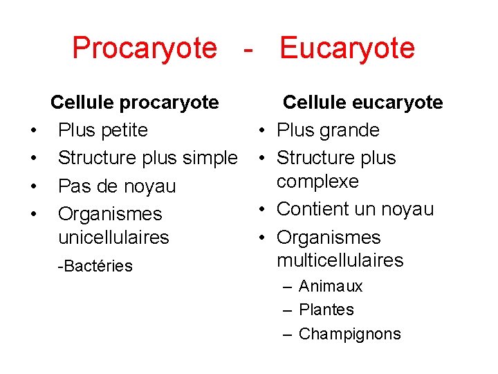 Procaryote - Eucaryote • • Cellule procaryote Plus petite Structure plus simple Pas de