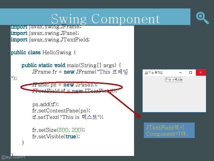 Swing Component import javax. swing. JFrame; import javax. swing. JPanel; import javax. swing. JText.