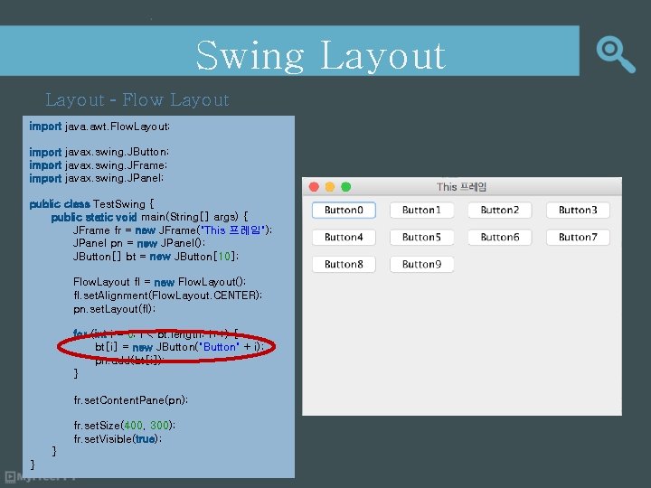 Swing Layout – Flow Layout import java. awt. Flow. Layout; import javax. swing. JButton;