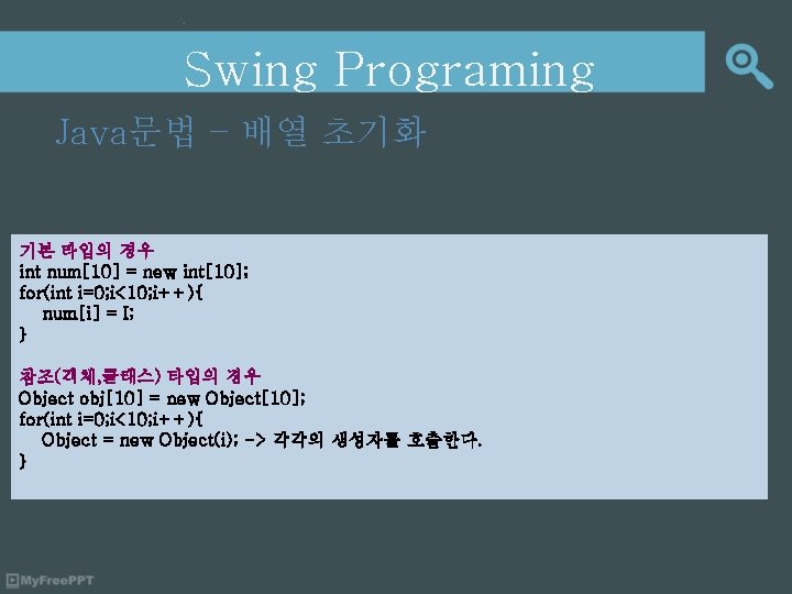 Swing Programing Java문법 – 배열 초기화 기본 타입의 경우 int num[10] = new int[10];