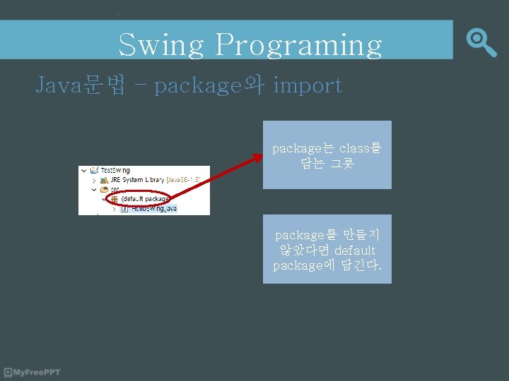 Swing Programing Java문법 – package와 import package는 class를 담는 그릇 package를 만들지 않았다면 default