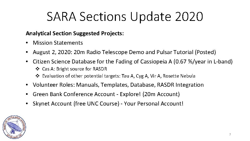 SARA Sections Update 2020 Analytical Section Suggested Projects: • Mission Statements • August 2,