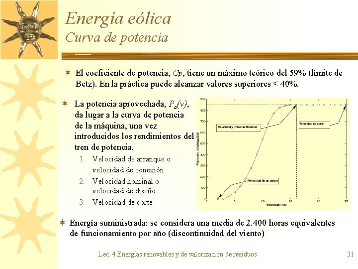 Energía eólica Curva de potencia ¬ El coeficiente de potencia, Cp, tiene un máximo